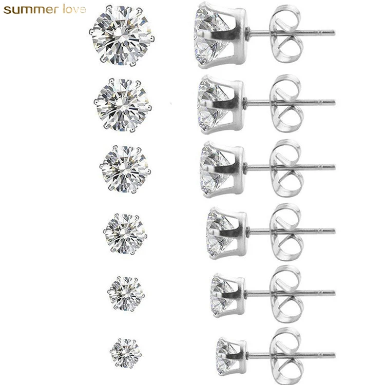 

3mm-8mm Women Silver Gold Round Clear Cubic Zirconia Stud Earrings Stainless Steel Wedding Earrings Jewelry, Gold/silver
