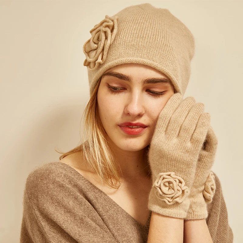 High Quality Women Fashion Colorful 100 Cashmere Knitt Hat And Gloves
