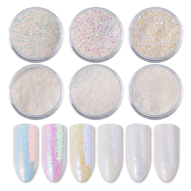 

Misscheering 6pcs/set Holo Aurora White Sequins Nail Art Glitter Powder Mermaid Dust Small Flakes DIY Nail Decorations, 6 colors