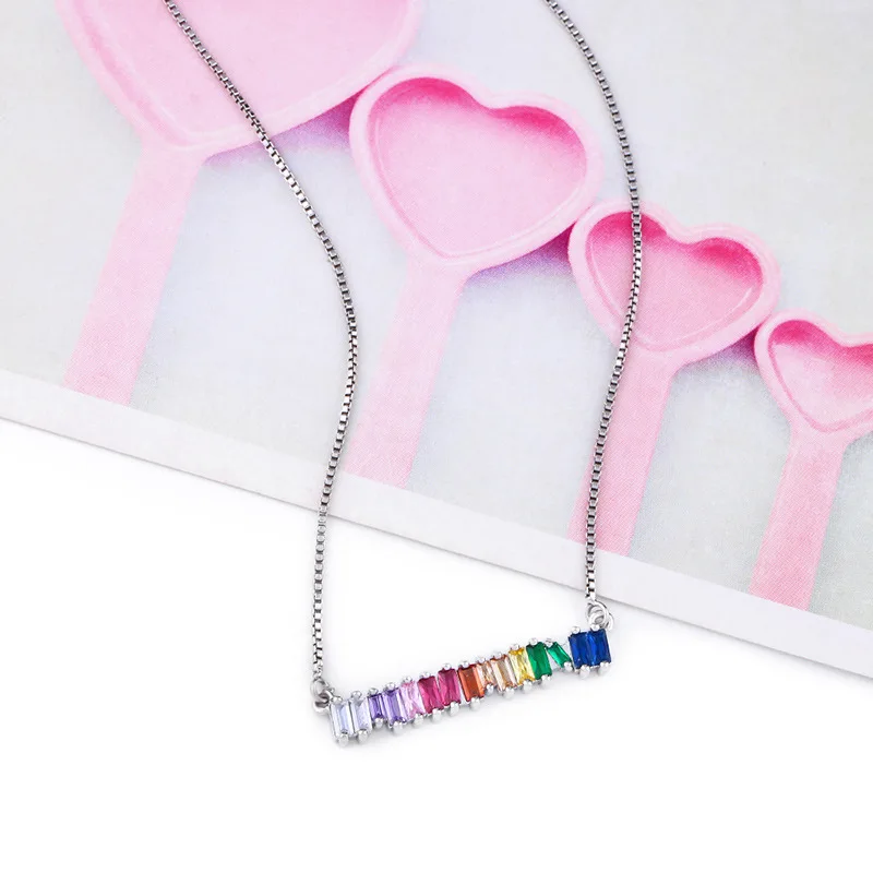 Fashion 18k gold plated cz baguette pendant necklace popular rainbow tennis necklace for women