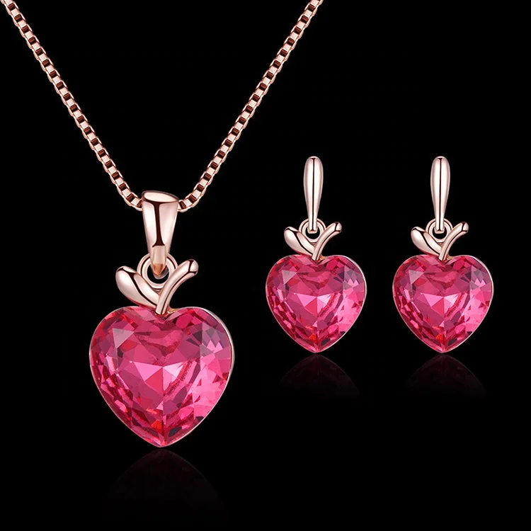 

Factory direct supply bridal jewelry set pink small crystal heart necklace and earrings, Picture