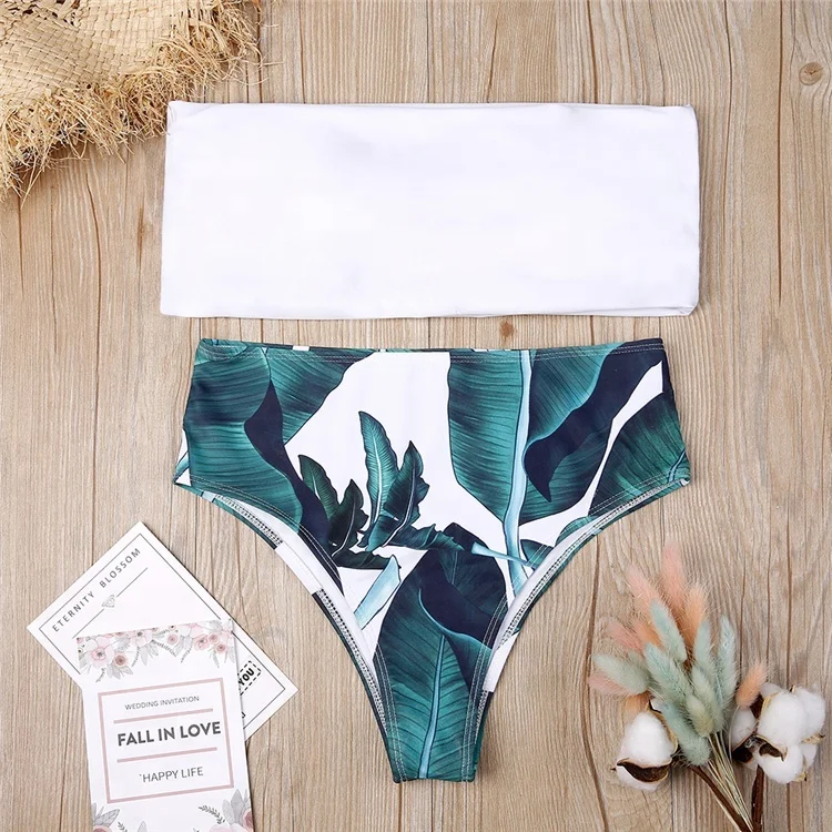 

Women's New White Tube Top Swimsuit Green Leaf Print Thong Bikini