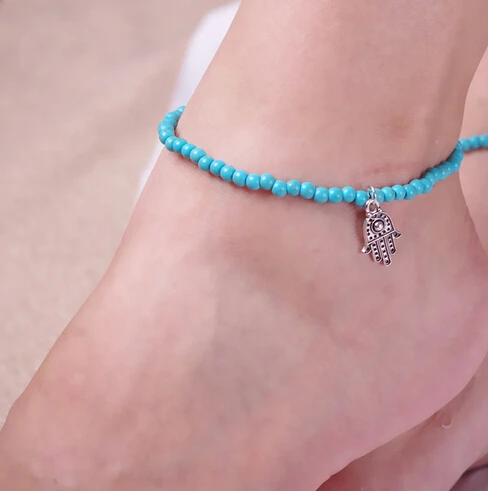 

Bohemian Women Turquoise Beads Chain ANKLET ANKLE Bracelet Hamsa Hand of Fatima, As photo show