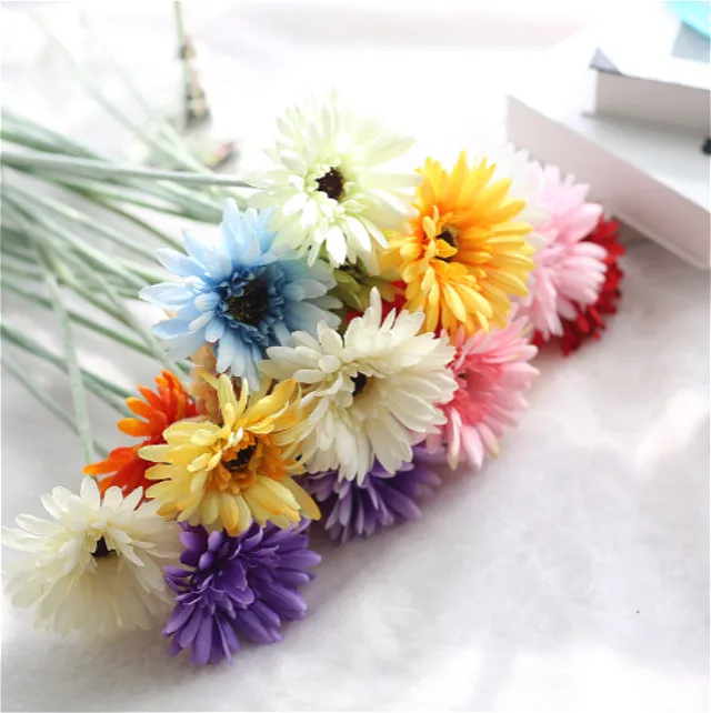 

Factory Direct Silk Single Stem Frosted Sun Flower Gerbera Daisy Flower For Home Decoration Floral Arrangements, Pink, purple, yellow, champainge,red