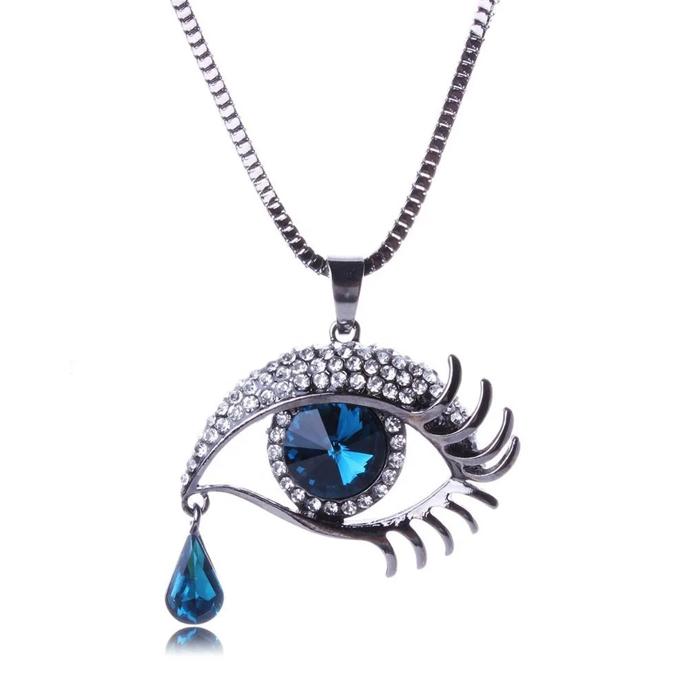

2019 new fashion silver plated crystal charm women long chain sweater blue eye necklace pendant
