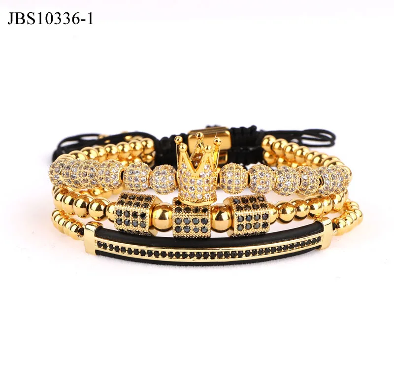 Jewelry Factory making hot selling 18K real gold plating CZ diamond beads Crown charm men women jewelry macrame bracelet set