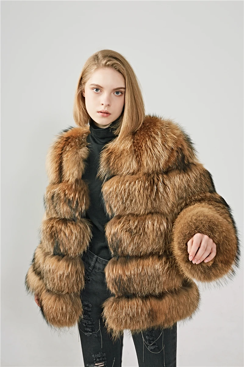 女士服装女士长款风格拼布冬季天然真正的浣熊毛皮夹克女孩毛皮大衣