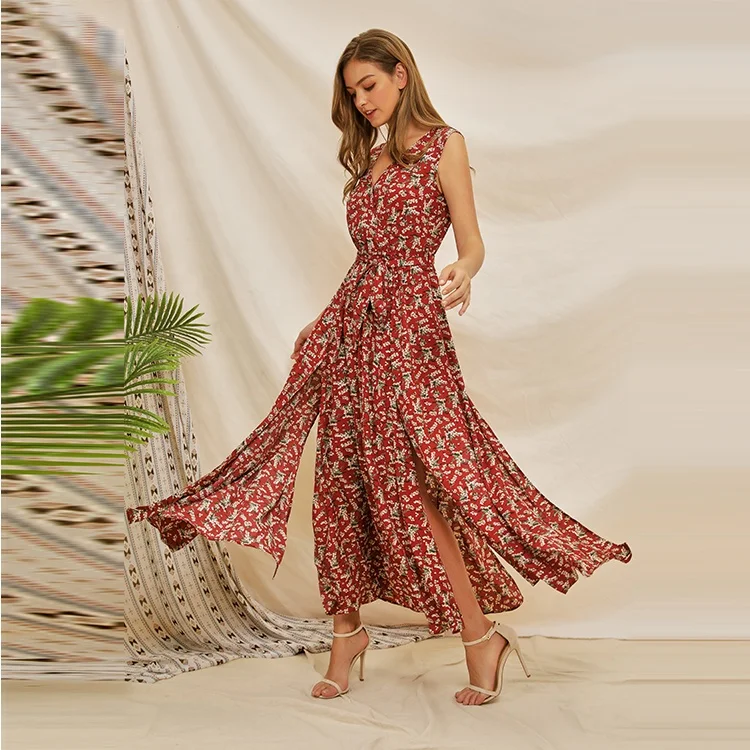 

2019 Trendy Summer Women Floral Print Boho Dress Sexy V-neck Split Beach Long Dress Chiffon New Style, Oem color