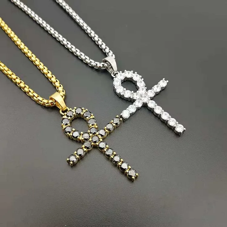 

New Hotselling Never Fade Micro Pave Cubic Zirconia Ankh Cross Necklace 316L Stainless Steel Ankh Cross Pendant Necklace, Gold, silver, black