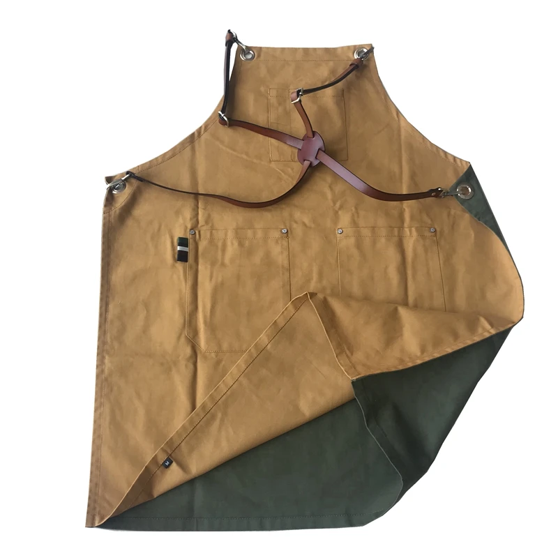 

Flower gardening design double-sided cotton work apron with leather straps, Green