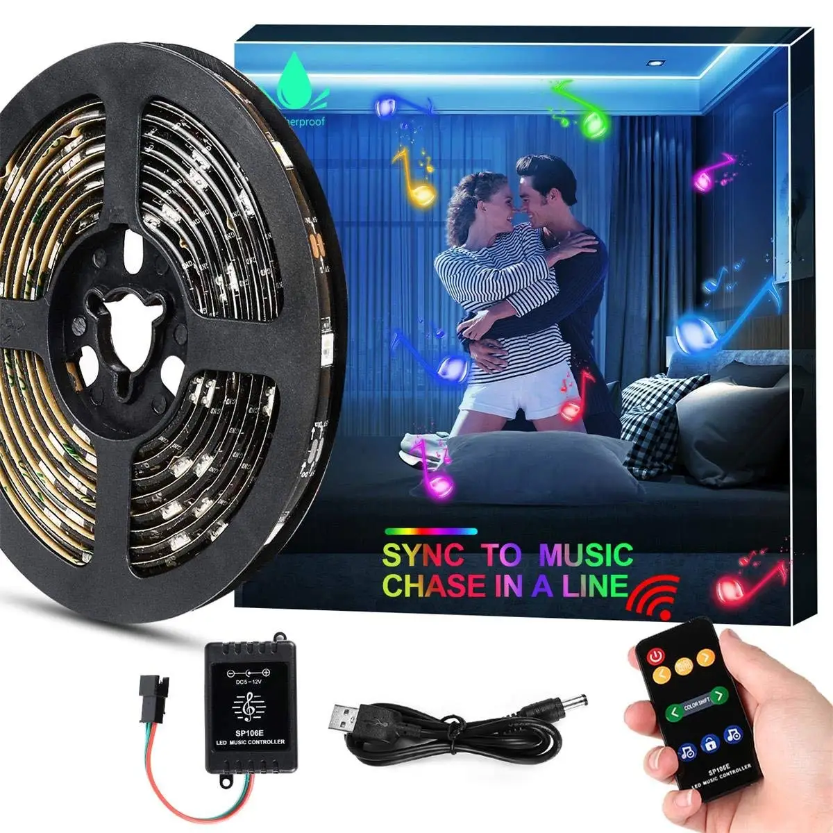 Led Strip Lights, Smart Party Lights, Battery light strip, Battery Operated USB Powered Sync to Music Light, Chase Effect Led Lights Waterproof Led Battery Strip with 360 Degree Signal Accept RF Remo