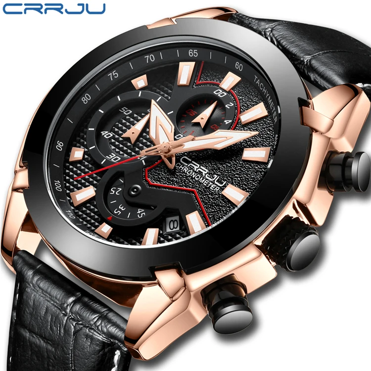 

CRRJU 2219 Men Watch Leather Strap Luxury Brand Chronograph Men's Sport Watches With Date Male Luminous Clock Montre Homme