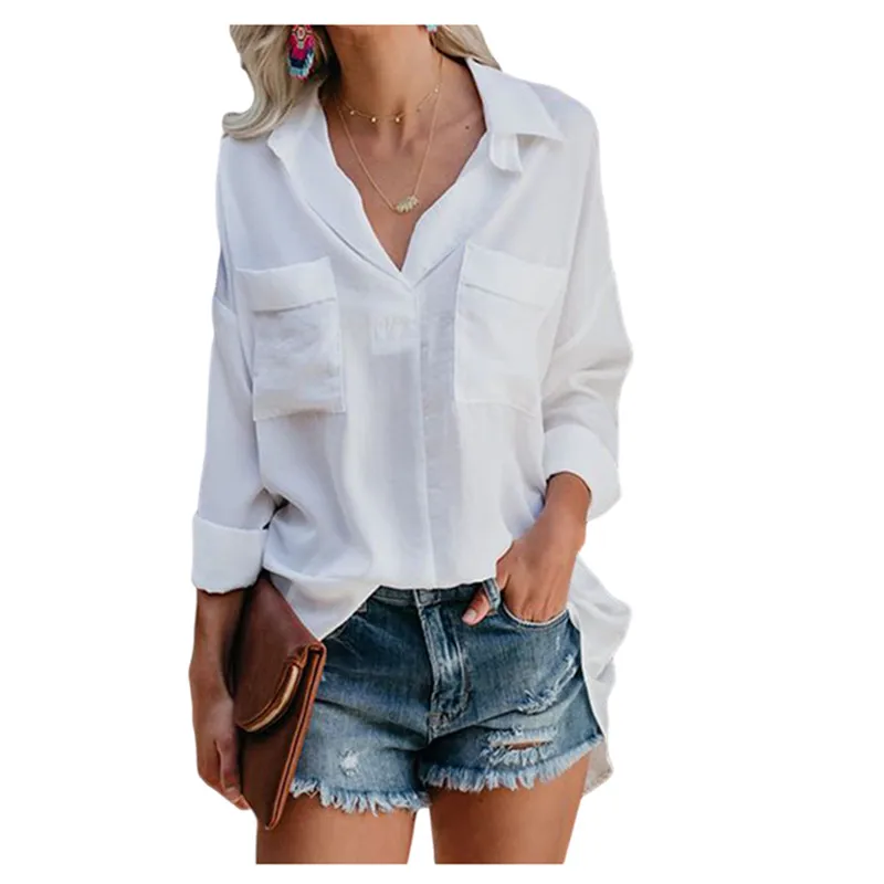 

Wholesale Fashionable Satin Utility casual style long sleeve Women Shirt, As shown