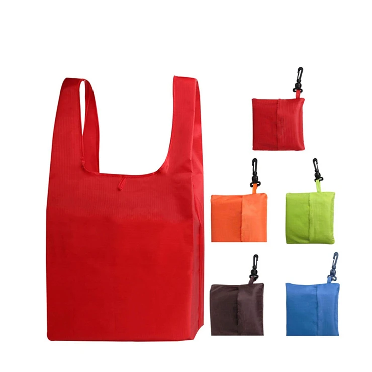 

mini nylon shopping bag tote grocery bags foldable reusable bags with logos and pouch, Red/customized