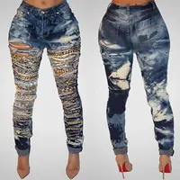 

ZH1093B High quality New hot sale denim chain shredded woman jeans