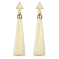

National Style Triangle Shape White Turquoise Silk Thread Long Tassel Earring For Woman