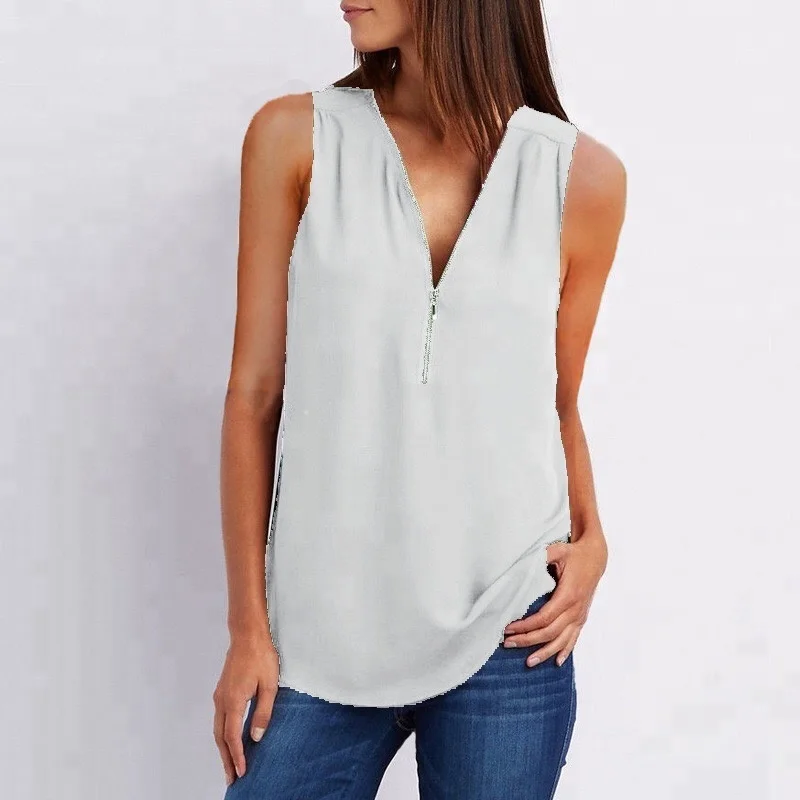

C48 Chiffon tank tops with zipper up Sexy Women Summer Sleeveless V-neck Zipper Vest Ladies Solid Loose Shirts Blouse Clothe, N/a