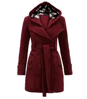 

Autumn Winter Woollen Long Sleeve Double Breasted Long Coat Women Plaid Hooded Jacket Fashion Slim Overcoat E8753