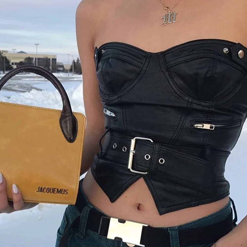 Shihan SH6048Women sexy black faux pu leather Crop Top Cross Front waist belt zipper tank punk tube tops catsuit Corsets