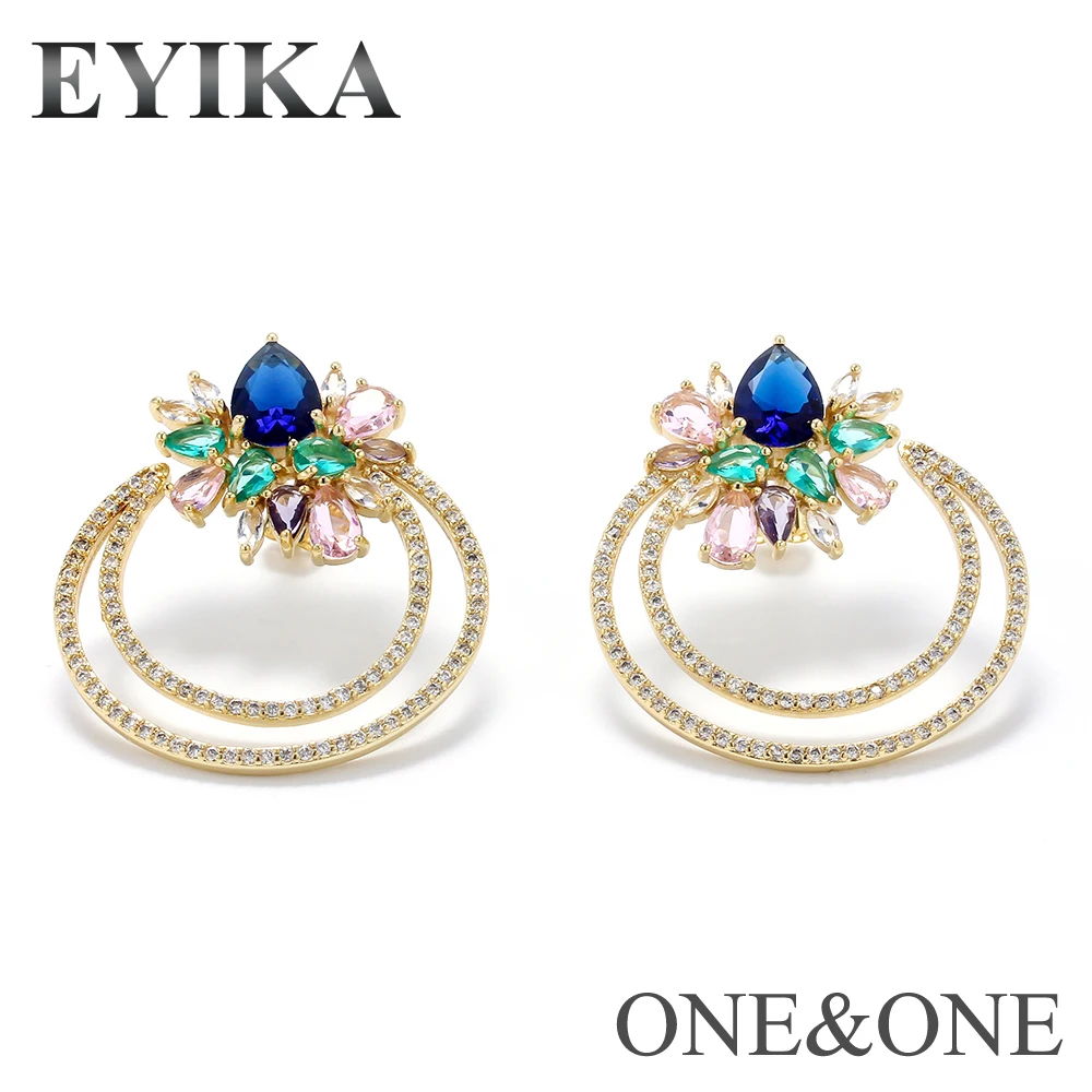 

New coming big earrings white zirconia stone mix color glass stone earrings one and one