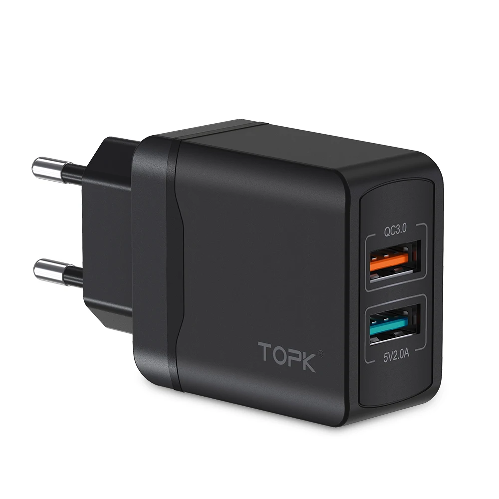 

TOPK 28W QC 3.0 Dual Port ABS Fireproof Material Mobile Phone EU USB Wall Charger, Black/white