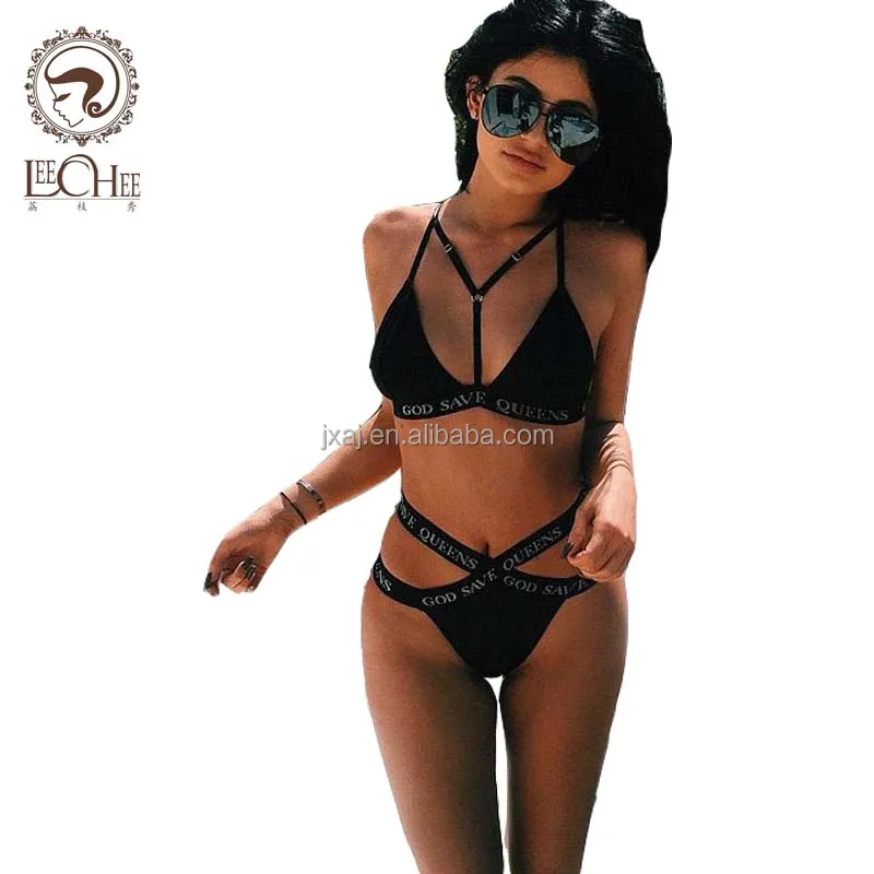 

Bandage Bikini Letter Print Cross Sling Lady Swimwear Sexy Comfort Fast Dry Beach Bikini Swimwear Transparent Micro Bikini, Blsck