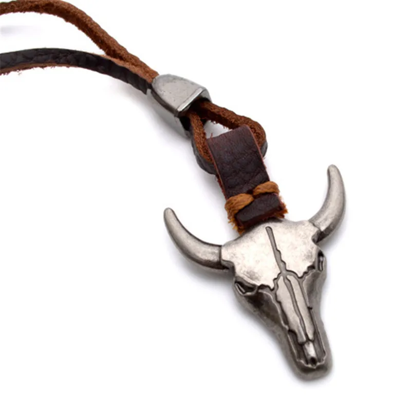 

Hot Sale Punk Alloy Ox Head Genuine Leather Charm Necklace for Cool Man, Ancient silver