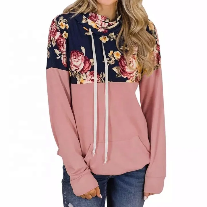 

E52 Summer Women Hoodies Floral Print Turtleneck Tunic Blouse Tops Long Sleeve Hooded Pullover Sweatshirt for Ladies Outwear, N/a