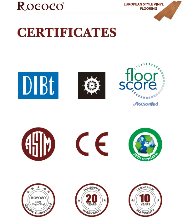 covering certificates astm,floorscore,dibt,en ce iso etc