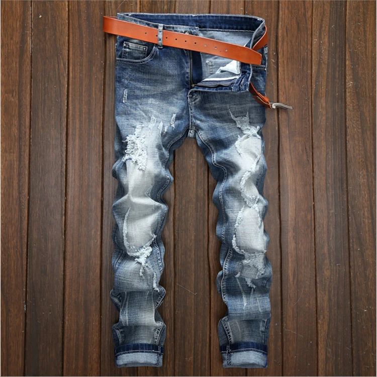 

jeans men regular denim ripped pants straight slim trousers paint jeans man elastic new design pants, Picture color