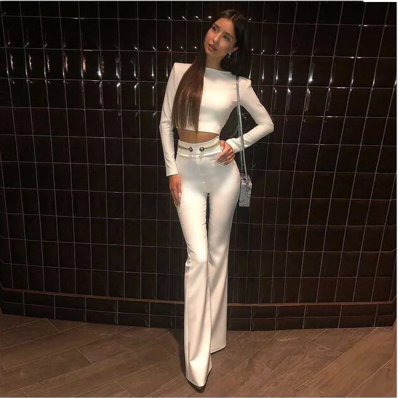 

2019 new white rayon two piece bandage set long sleeve top and pant high quality suit wholesale C1833
