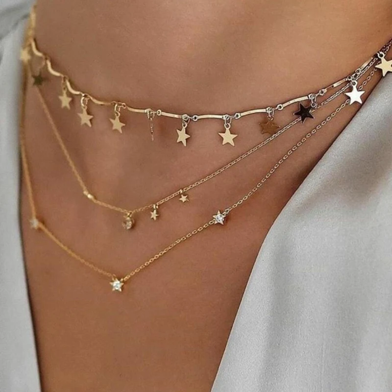 

Lady Girls Simple Accessories Wholesale Crystal Gold Star Necklace Women's Multi Layered Choker Moon And Star Necklace, As picture show