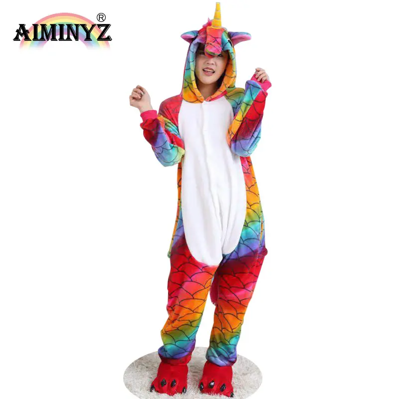 AIMINYZ Nieuwe Collectie Winter Adult Unisex Cosplay Schubben Pegasus Flanel Hooded Pyjama Sets Voor Vrouwen/Mannen Dier Nachtkleding