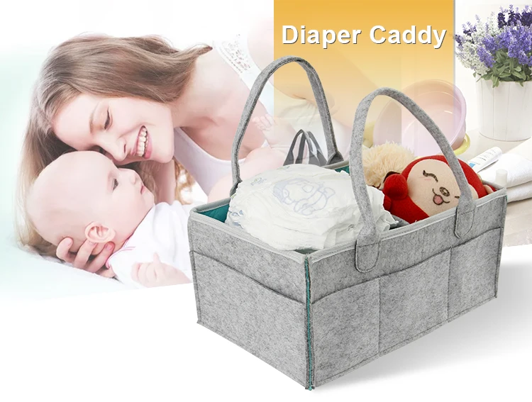 Customized Ecofriendly Grey Multi Pockets Felt Baby Diaper Caddy Bag