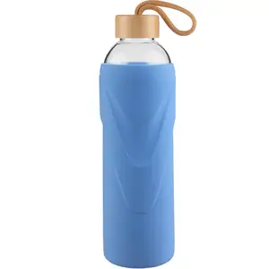 Image of Customized Logo Blue Color Silicone Sleeve BPA Free Promotional Sport Pyrex Glass Water Bottle With Bamboo Lid