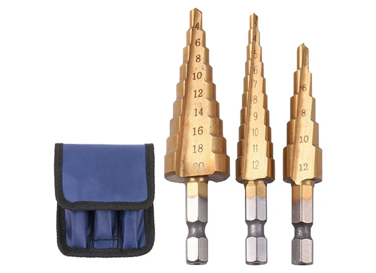 3Pcs Metric Hex Shank Straight Flute Titanium HSS Step Drill Bit Set for Tube Metal Sheet Drilling in Nylon Bag