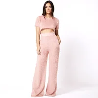 

Navy Blue Pink Gray Black Fluffy Short Sexy Crop Top + Wide Leg Loose Pants Women Casual Two Piece Set Autumn Clothing Y10423