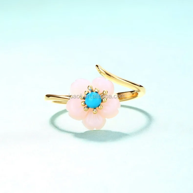 Joacii Shell Flower Gold Plated Turquoise 925 Sterling Silver Ring With Smycken