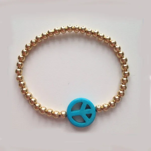 

BRN1156 4mm Gold Beaded Howlite Peace Sign Bracelet,Elastic Bracelet