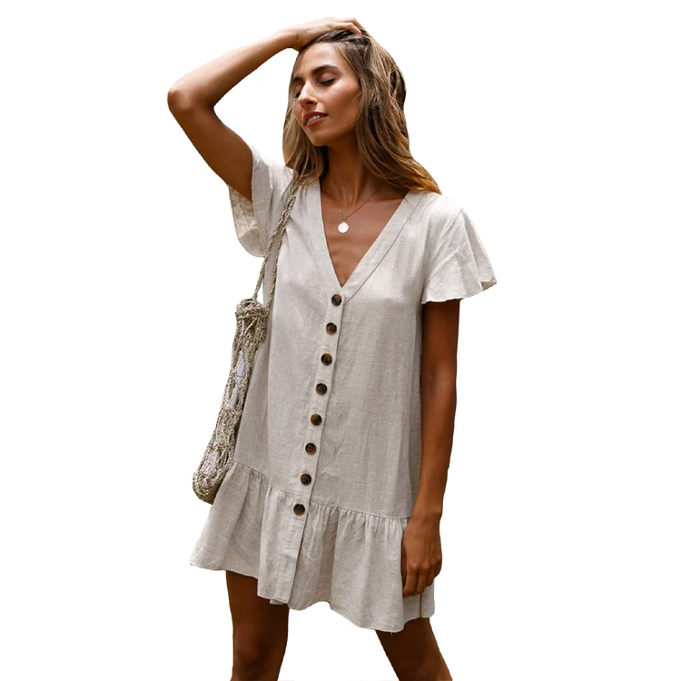 

Trendy women clothing linen short sleeve button down loose fit ruffle mini dress, Beige