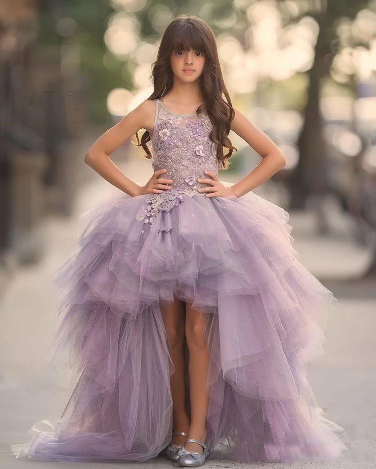 

Lavender High Low Girls Pageant Gowns Lace Applique Flower Girl Dresses For Wedding Purple Tulle Puffy Child Dresses, Customized