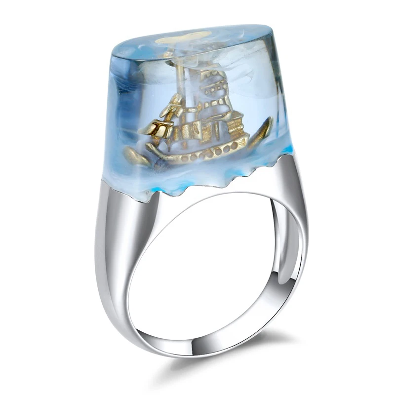 

SJR021 Antique Miniature Sailboat Landscape Encapsulated in Transparent Resin Ring Brass White Gold Plated Women Ring Anel