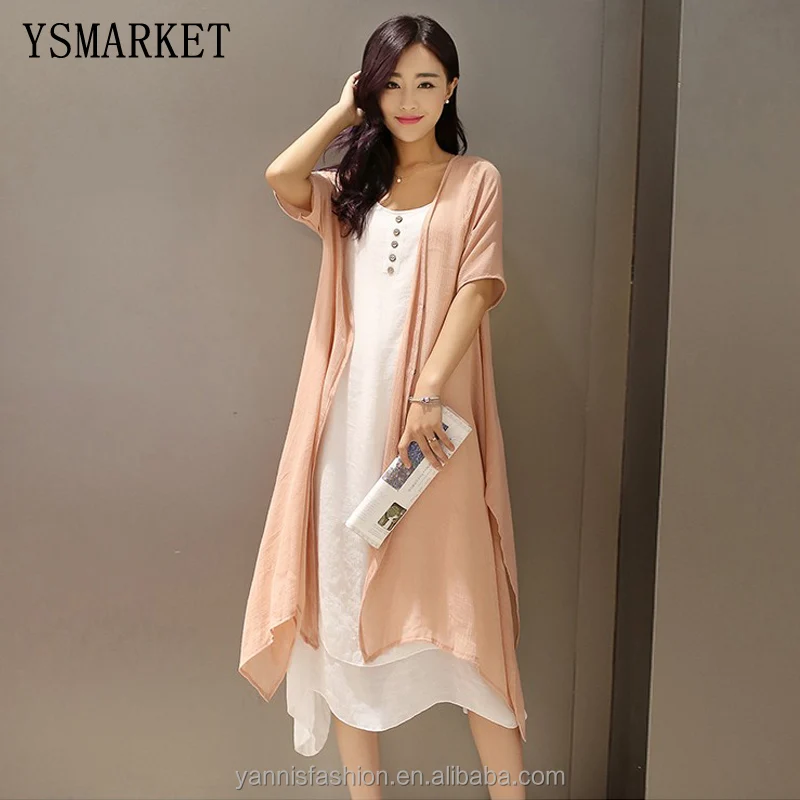 

summer women new retro two-piece cotton suit dress temperament loose solid color plus size casual linen dress female EMZ524