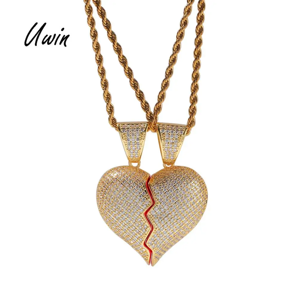 

2019 Wholesale Iced Out Heart Couple Pendant Two Half Heart Charms Jewelry Hiphop Rapper Stainless Steel Necklace for Man, Gold