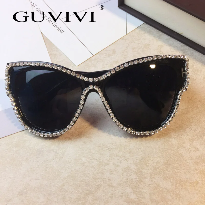 

GUVIVI Crystal Designer oversized Women luxury sunglasses uv 400 Cat eyes Big frame sunglasses women, Black