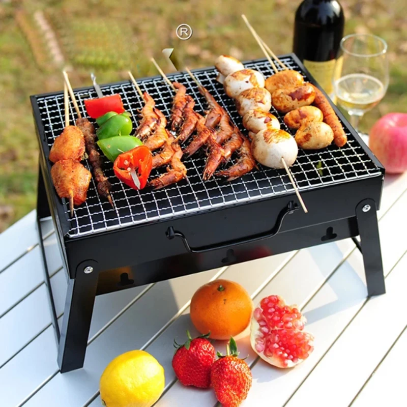

Outdoor camping small portable grills Folding charcoal barbecue picnic mini bbq grills, Black