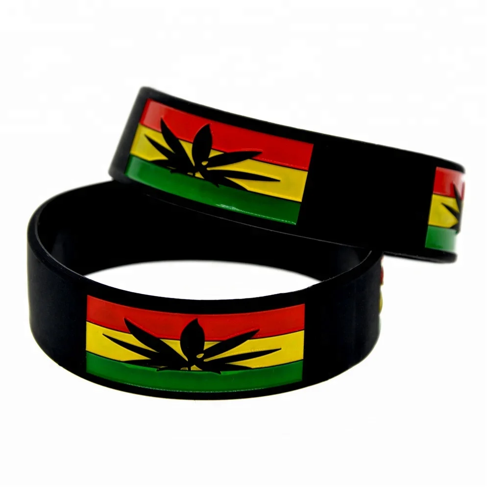 

25pcs 1 Inch Wide Jamaica Leaf Silicone Wristband Ink Filled Logo Bracelet, Black