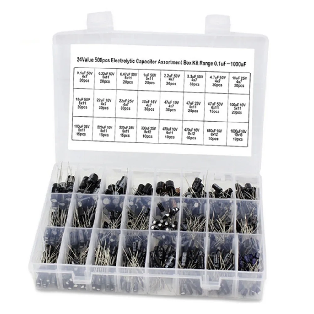 

24 Values 500pcs 10V/16V/25V/50V ( 0.1uF~1000uF ) mix Electrolytic capacitor Assorted kit with storage box capacitor samples