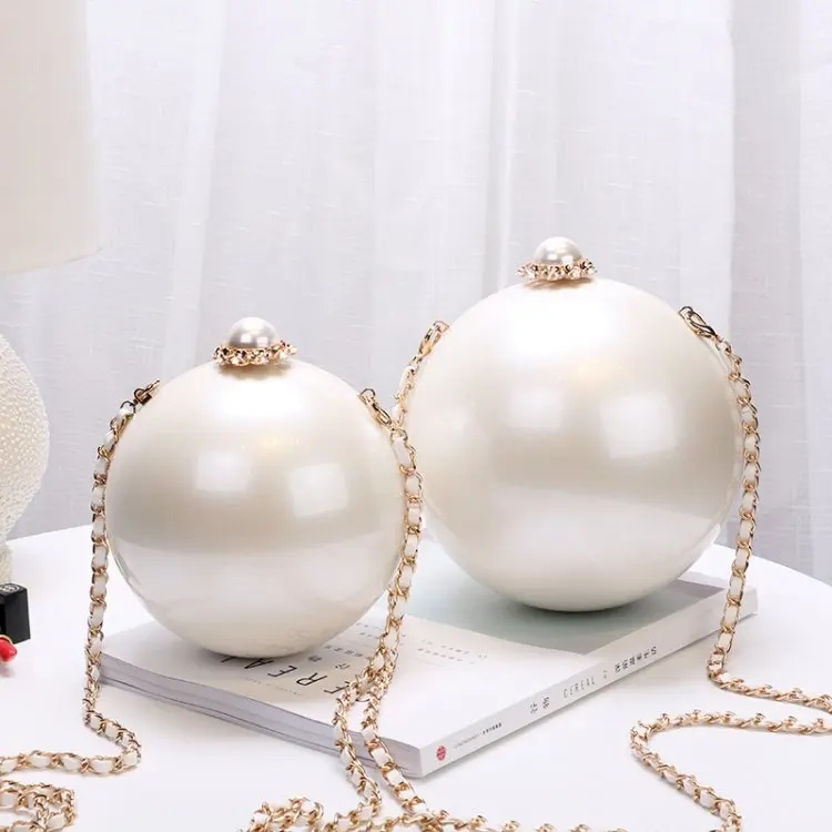 

Ladies Big Pearl Round Ball Hard Case Wedding Bridal Party Evening Bags Clutch Bag Small Purse, White/s