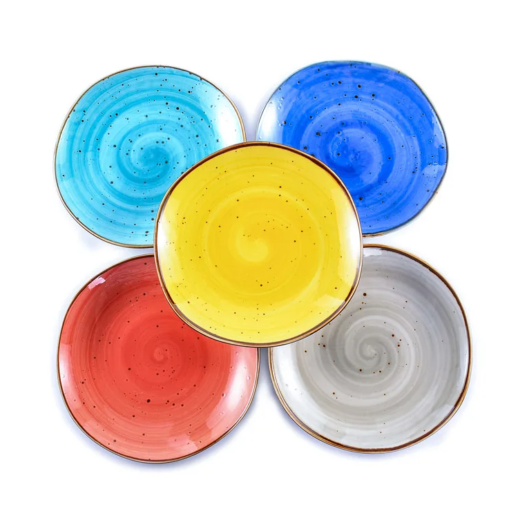 

Wholesale fancy design restaurant plate colorful glazed rustic ceramic porcelain appetizer dishes plates